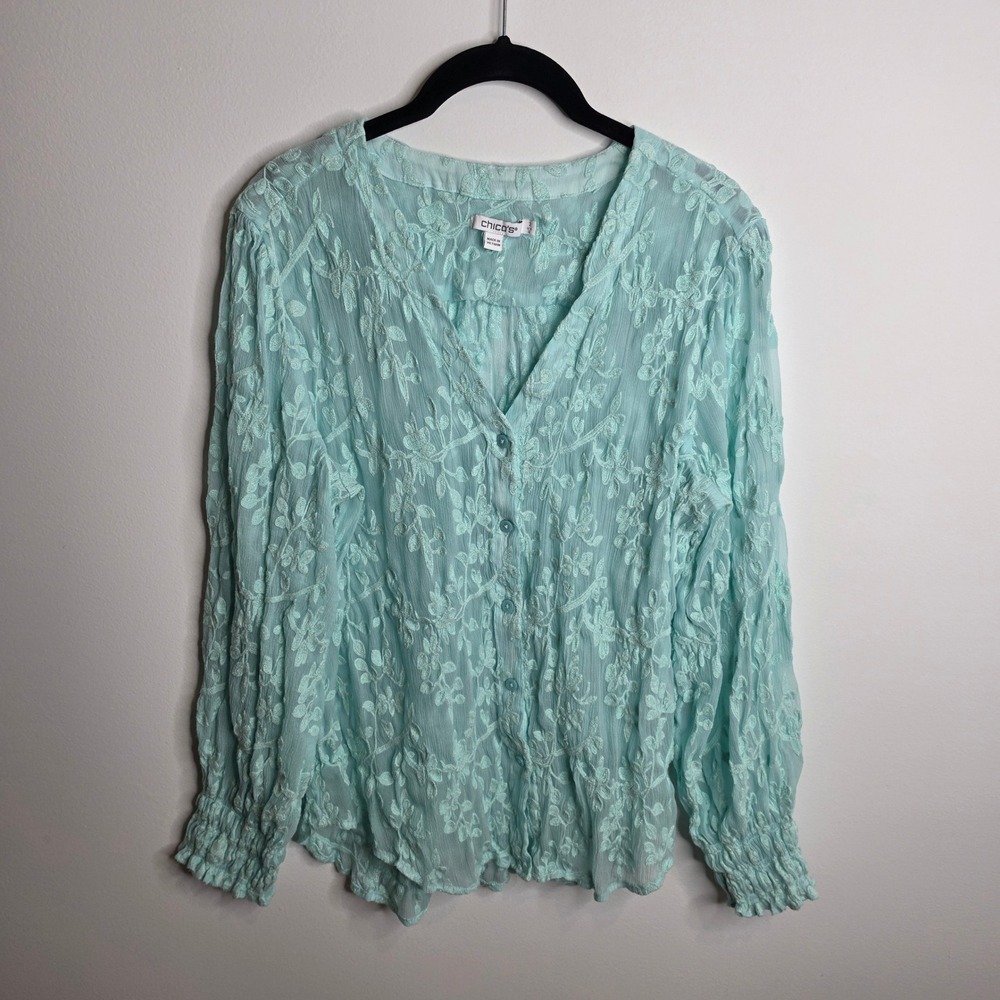 Chico's Embroidered Floral Button Front Blouse Womens 2 (12) Aqua Blue